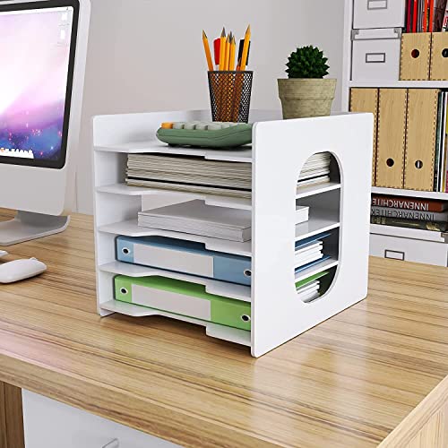 PUNCIA 5 Tiers Paper Tray A4 Desk Tidy Organizer Desktop White Filing Holder Office Mail Letter Sorter Document Notebooks Storage Rack for Home Office School Classroom