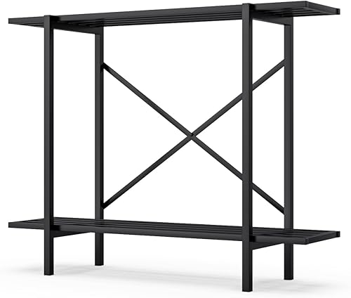 Miniatura 5 de Zhongma Soporte de metal resistente para plantas de 2 niveles, soporte estrecho para plantas para interiores y exteriores, 35.43 pulgadas de largo x