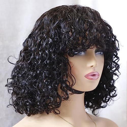 CLASSINE Short Kinky Curly Human Hair Wig with Bangs 150% Density Virgin Human Hair Wig for Black Women Short Bob Wig Human Hair Glueless None Lace Front Wig Human Hair Natural Black Color(10 Inch) - Image 4