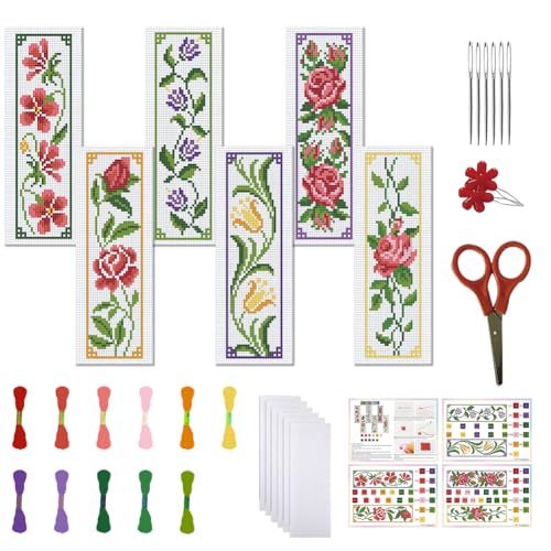 FREEBLOSS Juego de 6 marcadores de punto de cruz, kit de punto de cruz, diseño de flores de vid, marcapáginas de punto de cruz con instrucciones en inglés, kit de punto de cruz para adultos, kit de