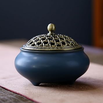 Incense Burner, Japanese Style, Ceramic, with Lid, Stylish, Simple, Flame-Retardant Cotton and Incense Holder, Compatible with Aroma Cones and Sticks Incense, Relaxing, Healing, Yoga, Meditation