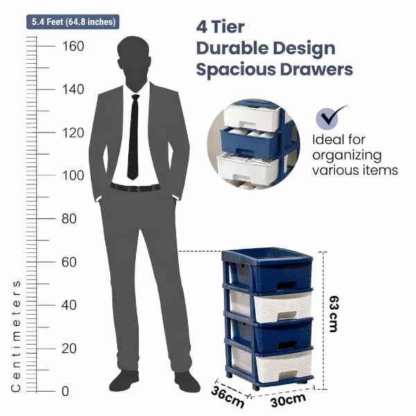 Image of Plastic Modular Drawer Storage Chest Of Drawers Organizer Storage Box, Large Stomo Racks For Multipurpose Anti-slip Shoes Organizers (White & Blue, 4 Layer)