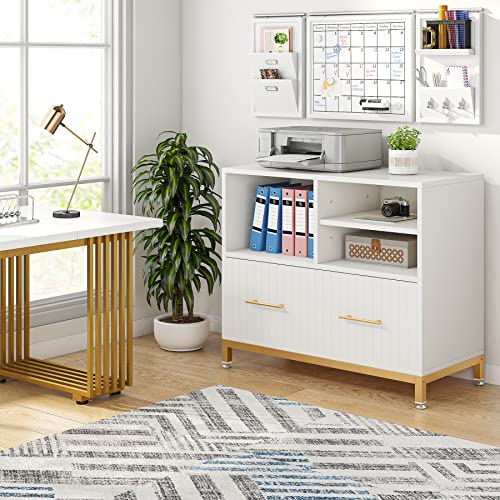 Tribesigns Lateral File Cabinet with Drawer, White Filing Cabinet with Adjustable Hanging Rod for Letter/Letter/A4 Size Files, 35.4" Wood Modern Printer Stand with Open Storage Spaces for Home Office