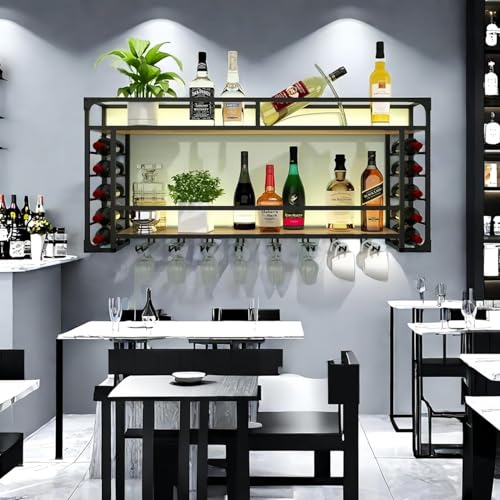 Étagère à vin murale dorée avec porte-verre suspendu LED - 3