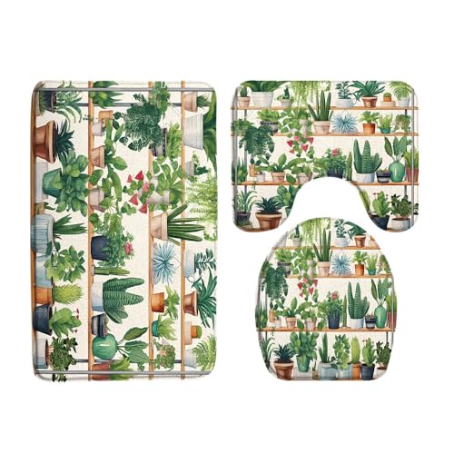 Potted Plants 3 Pcs Bath Rugs Set,Tropical Cactus Leaf Green Succulent Plant Greenhouse Boho Floral Botanical Bathroom Kitchen Rug with 16