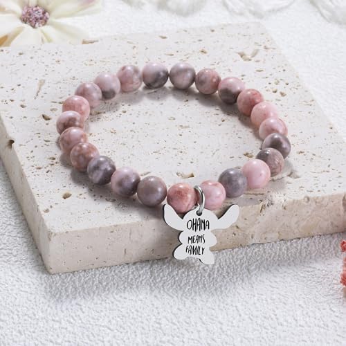 Image of LINY Inspirational Gifts for Women, Natural Stone Beads Stretch Stitch Bracelet Charm Jewelry Ohana Means Family Gifts Stitch Stuff for Women Love, Mom, Daughter, Niece, Sister