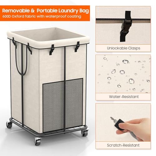 Image of 150L Laundry Hamper with Wheels, Rolling Laundry Basket with Metal Frame and Removable Bag, Large & Tall Dirty Clothes Hampers for Bedroom Aesthetic, Laundry Room, Bathroom, Dorm-White