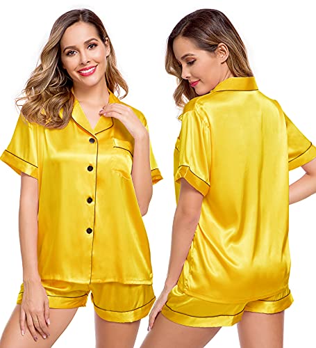 Image of LecGee Womens Silk Satin Pajamas Short Sleeve Loungewear Two-Piece Sleepwear Button-Down Pj Set