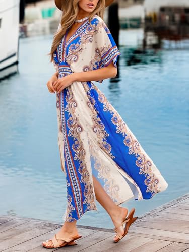 Image of CUPSHE Womens Tropical Floral Maxi Dress V Neck Short Sleeve Smocked Side Slit Dress Summer Vacation Beach Pocket Long Dress