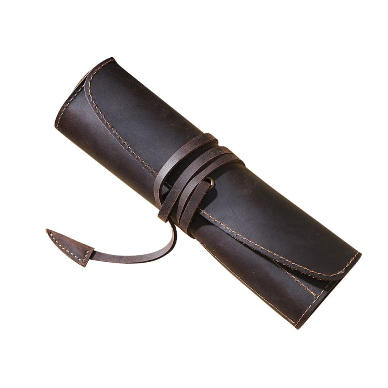 Estuche Enrollable de Cuero Vintage Retro para Lápices y Bolígrafos Café