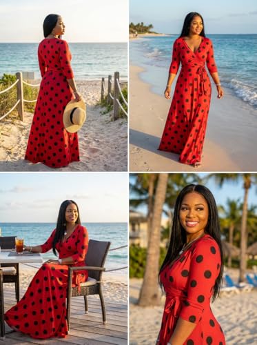 Image of Yajedo Womens Casual Summer Maxi Dress Plus Size Sexy Wrap V Neck 3 /4 Sleeve Sundress with Pockets