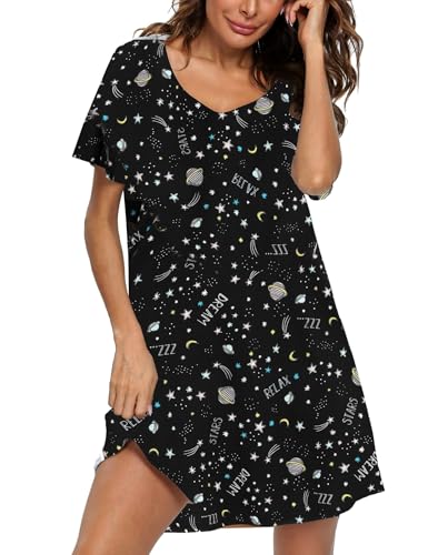 Image of ENJOYNIGHT Womens Cotton Nightgown Short Sleeve Sleepshirt Print Nightshirt | Short-Sleeve Crew Neck, Soft Cotton Fabric, Cartoon Printed Sleep Shirt, Loose Fit