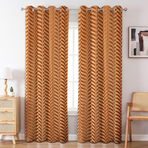 Image of IVAZA Premium Velvet Chevron Pattern 80% Blackout Curtains - Heavy Blackout Opaques,Modern Parde for Living Room Bedroom|Home Office Long Door- 10 Feet (Pack of 2) Chevron Golden Brown