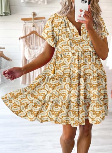 Image of Dokotoo Womens Summer Casual Boho Floral Dresses 2026 V Neck Short Sleeve Sundresses Flowy Swing A-Line Mini Dress