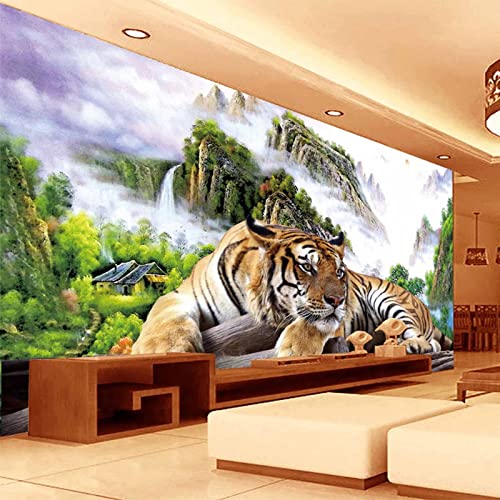 QMTZDQ Fototapete 3D Tiger Naturlandschaft Wandbild im chinesischen Stil Klassisches Wohnzimmer TV Sofa Hintergrundtapete für die Wand,430x300cm Cover