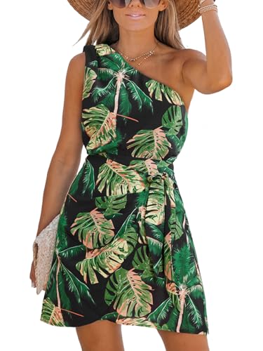 Image of CUPSHE Women's One Shoulder Leaf Print Self-tie Short Dress Sleeveless Tiered Hem Formal Dress Casual Mini Dress