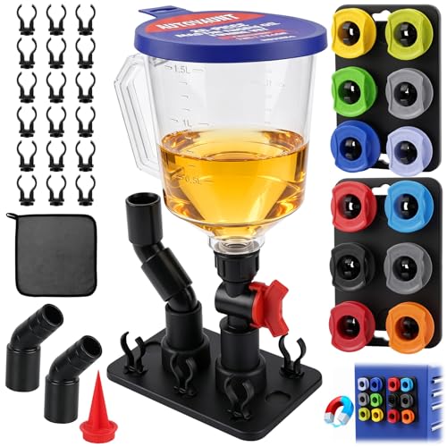 20-Piece Oil Funnel Kit Engine Oil Funnel Kit 1.59QT/1.5L Spill-Proof Oil Change Kit with 12 Adapters Shut-Off Valve Elbow Fitting Magnetic Storage System No Spill Funnel for Automotive