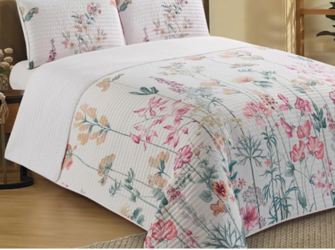 Mice - Colcha Bouti Floral, Acolchado Fino, 100% Poliéster - Cubrecama de Entretiempo y Verano - Esquinas Redondeadas Doble - Cama 150-250x270 cm + 2 Fundas de cojín de 50x70 cm