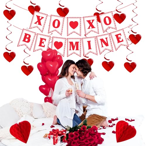 Image of Galentines Party-Decoration Valentines-Day Heart Garland - 25pcs Red Paper Streamers Honeycomb Fans XOXO BEMINE Banner, Anniversary Baby Shower Wedding Love Hanging Supplies Decor Hugfond