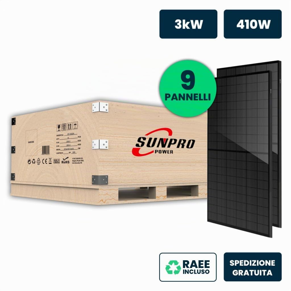 Set Pannelli Solare Fotovoltaico Monocristallino, 3KW 9 Moduli 410W Nero 1724X1134X35mm