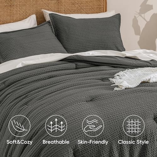 Image of PHF Soft Waffle Comforter Set Queen Size- Comfy Breathable Waffle Weave Comforter with 2 Pillow Shams, 3 Pieces Less Snagging Lightweight Textured Bedding Set for All Season, Grey