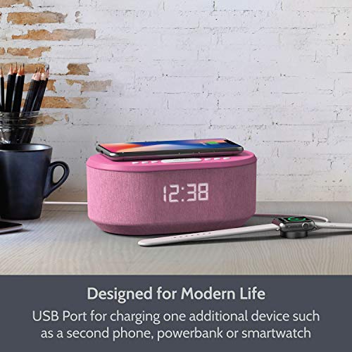 i-box Dawn, Alarm Clock Radio, Alarm Clocks for Bedrooms, FM Radio, Alarm Clock with Wireless Charging, Wireless Speakers with Bluetooth, Digital Alarm Clock, USB Port, Dimmable Night Light (Pink)