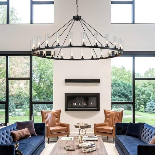 Image of 24 Light Large Wagon Wheel Chandelier with Clear Glass Shade Black Round Pendant Light Farmhouse Industrial Chandeliers Dining Room Light Fixture for Stair Living Room Foyer Kitchen