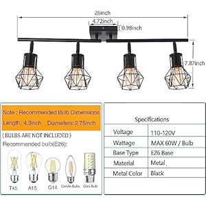Track Lighting Fixtures Ceiling,Industrial Black Kitchen Track Lighting for Kitchen, Living Room, Dining Room, Hallway(E26 Track Lighting Fixtures CeilingIndustrial Black Kitchen Track Lighting for Kitchen Living Room Dining Room HallwayE26
