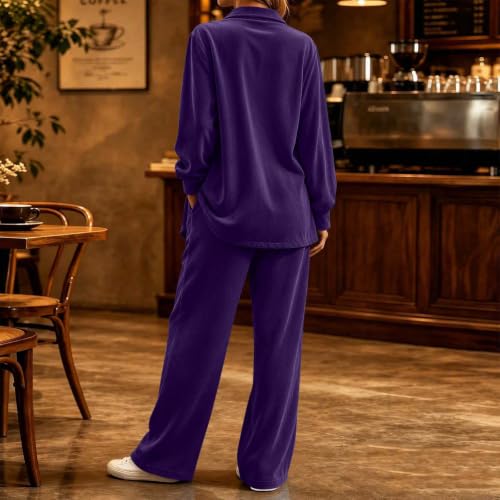 Velour Tracksuit Womens 2 Piece Collared Top Wide Leg Pants Velet Sweatsuit - image 4