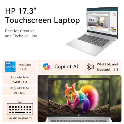 Image of HP 17 Inch Laptop Touchscreen Computer, 17.3 HD+ Business Laptop AI PC, Intel 10-Core 5, Customized 16GB /32GB /64GB RAM 1TB /2TB SSD, Windows 11 Pro, Backlit Keyboard, USB-C(Displayport), Glacier Silver