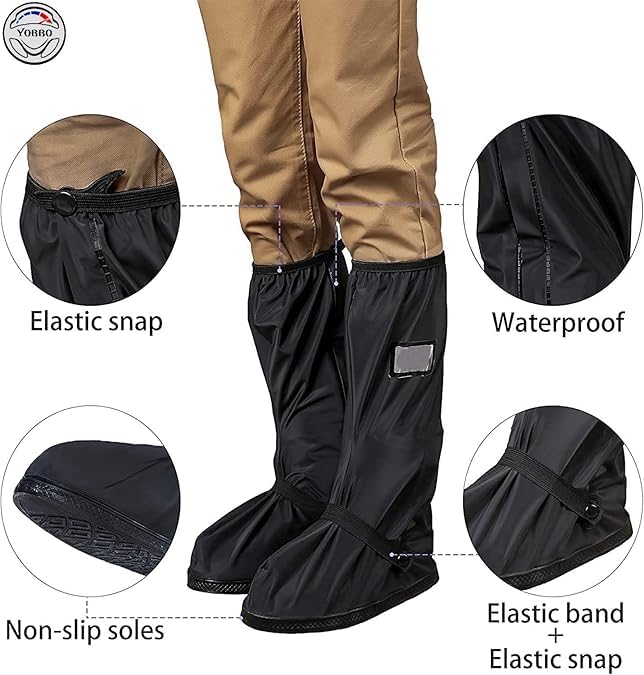 Image of Waterproof Shoe Cover Protector for Men and Women - Reusable Anti-Slip Rubber Overshoes - Tall Boot Galoshes with Safety Reflector - PVC Material, Dustproof, Foldable, Portable, and Durable for Rainy Season and Outdoor Use (1-Pair, Black)