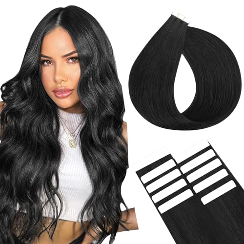 SEGOHAIR 10Pcs Human Hair Tape in Extensions, 22" Thin Tape Hair Extensions,Human Hair Extensions Tape in Hair Extensions with 5pcs Replacement Tape Jet Black(15g)