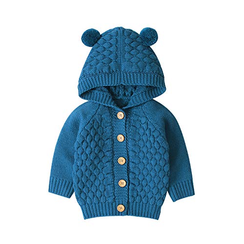 Newborn Baby Girls Boys Knit Cardigan Hooded Sweater, Infant Button-Down Cotton Outfits, Unisex Baby Basic Clothes (Blue, 12-18 Months)
