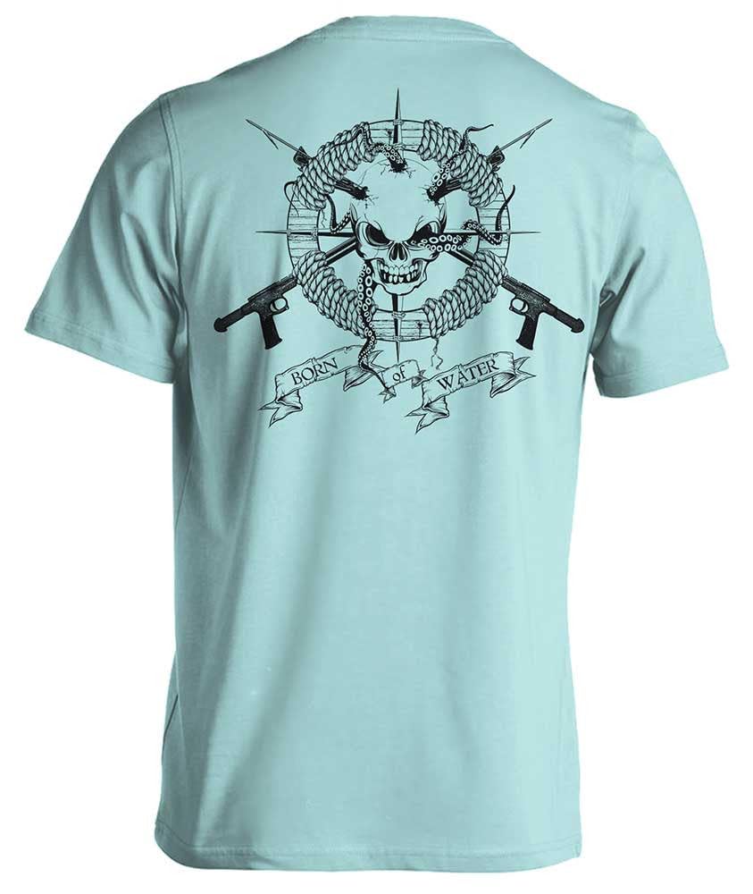 Born of Water Skull and Speargun Spearfishing T-Shirt: Mens Short Sleeve for Fishing, Scuba Diving, Boating, and Beach