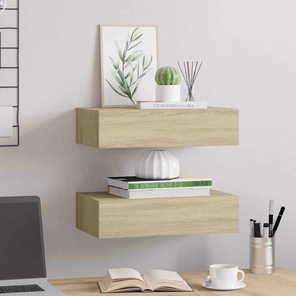 Lot de 2 étagères murales avec tiroirs, aspect chêne MDF, 40 x 23,5 x 10 cm, étagères suspendues flottantes pour salon, chambre à coucher, cuisine, salle de bain, bureau avec espace de