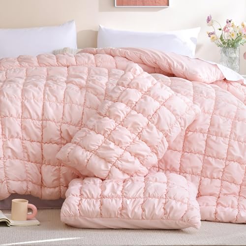 Image of JANZAA Full Size Comforter Sets, Blush Pink Comforter with Puff Plaid Fluffy Comforter Set, Cloud-Like Soft Cozy Bedding Set, Lightweight Warm Bedroom Decor for All Season with 2 Pillowcases