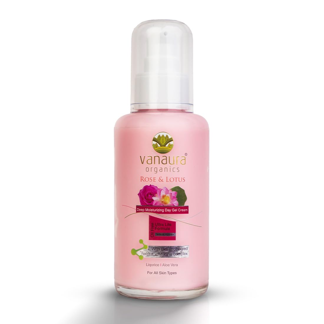 Vanaura Organics Rose & Lotus Deep Moisturizing Day Gel Cream with Bio-engineered Natural Whitening Complex, Oil Free, Ultra Life Formula, For Normal skin Types, 100mL