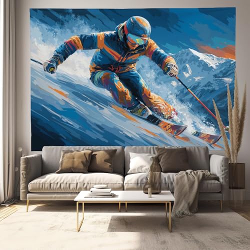 Tenture murale skieurs de montagne pour salon et dortoir, grand tissu décoratif orange et bleu