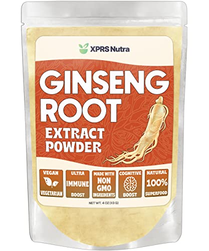 XPRS Nutra Ginseng Root Extract Powder - Ginseng Powder Supports Cognitive Function Physical Performance and Immune System - Vegan Friendly Panax Ginseng in Powder Form (4 Ounce)