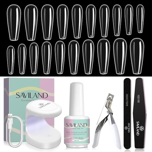 Saviland Nail Tips and Glue Gel Set - Gel Nail X Extension kit,Mini Nagellampe und 6 in 1 Nagelkleber Press on Nails Set,500 PCS Long Coffin Soft Full Cover Gel X Nagel Tips Set mit Kleber