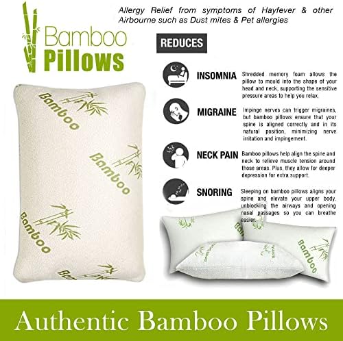 Memory Foam Bamboo Pillow, White Shredded Bamboo Memory Foam Pillows - Cool Comfort and Firm Neck Support Foam - Orthopedic Hypoallergenic Bed Pillow - PACK OF 2 X BAMBOO PILLOW