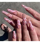 FURUBETA Press on Nails Long Coffin French Fake Nails Full Cover Pink Acrylic Nails for Women and...