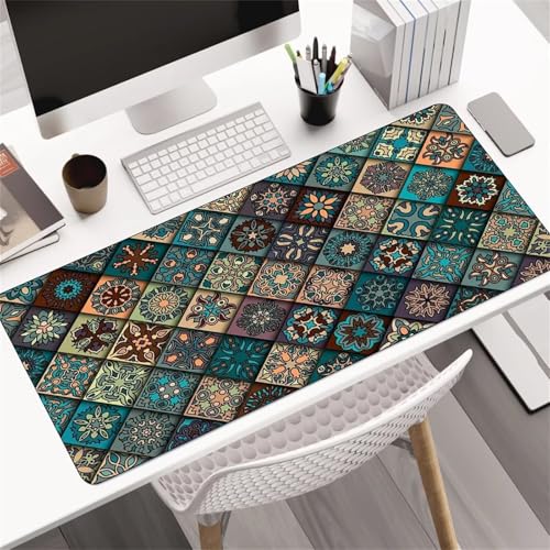 Suneve Mandala Plaid Mouse Mat,39.4 x 19.7 x 0.12 in Large Mouse Pad Gaming,Keyboard and Computer Mouse Mat,Non-Slip Rubber Base,Waterproof Mouse Mat,Desk Mat for Office Home XXL Gaming Mouse Pad