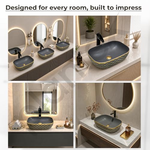 Image of Plantex Designer Ceramic Basin /Table Top Wash Basin for Bathroom /Countertop Vessel Sink - Indo-European Collection (EQTT-468, Gold & Grey)