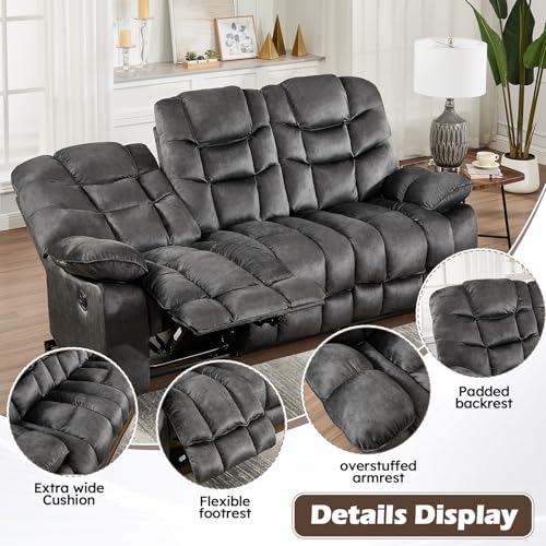 Image of HAOMARKETS 3 Pieces Recliner Sofa Furniture Set, Include 2 Power Recliner Chairs with Message&Heat and a Manual Loveseat with Hidden Storage and Cup Holders for Living Room, Grey