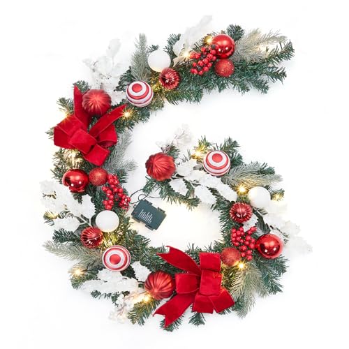 GarveeHome 6 Ft Pre-Lit Christmas Garland, Battery Operated Lighted Xmas Garland with 20 Lights & Timer, Christmas Garlands with Lights for Mantle Table Centerpiece Indoor Outdoor Decor, Red White