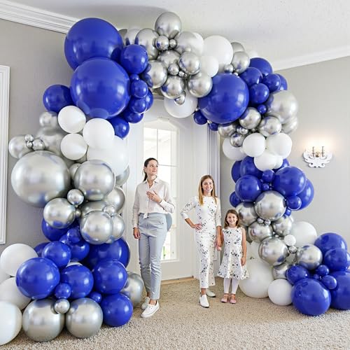 Image of 412Pcs Blue White Silver Balloon Arch Kit,18 12 10 5 Inch Different Size Royal Blue and White Balloons for Graduation Birthday Wedding Party Decorations