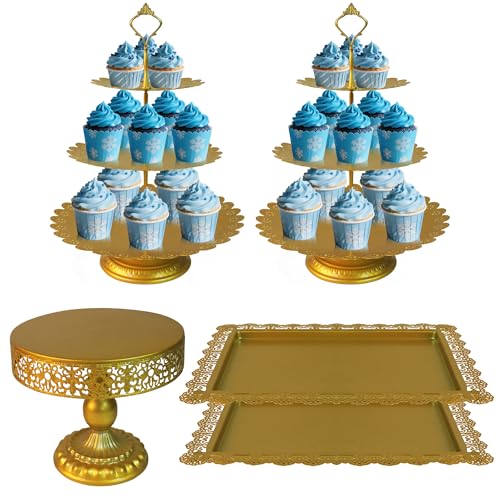 Gold 5pcs Cake Stands Set Metal, 3 Tier Cupcake Tower Stand, Dessert Display Stand Cookies Serving Tray Platter for Wedding Birthday Party