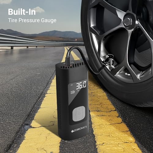 Image of ZEBRONICS 19TI6, Tyre Inflator, 150 PSI, 6000mAh, Super Fast Inflation, Power Bank Function, Type-C, Included 12V Car Adapter, Wired & Wireless Mode, SOS Mode, Flashlight, for Car | Bike | Bicycle