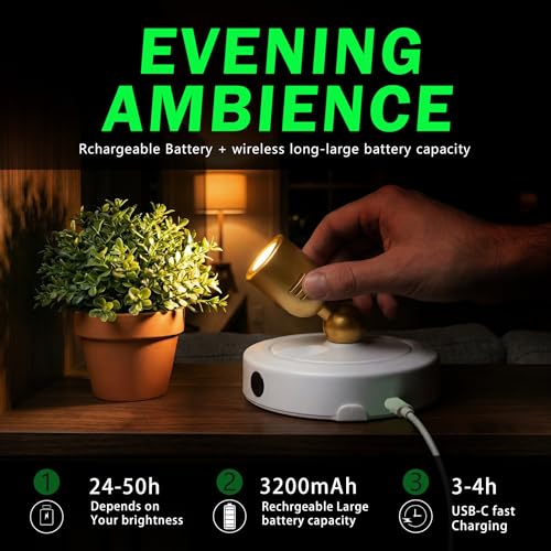 FFKWLTONG LED Spotlight Indoor,Rechargeable Battery Uplighting Indoor with Timer,3CCT Dimmable Accent Spot Lights for Plants Tree Wall Art Display Painting Artwork Portrait Dartboard Gallery-White by FFKWLTONG - Used condition - Image 2